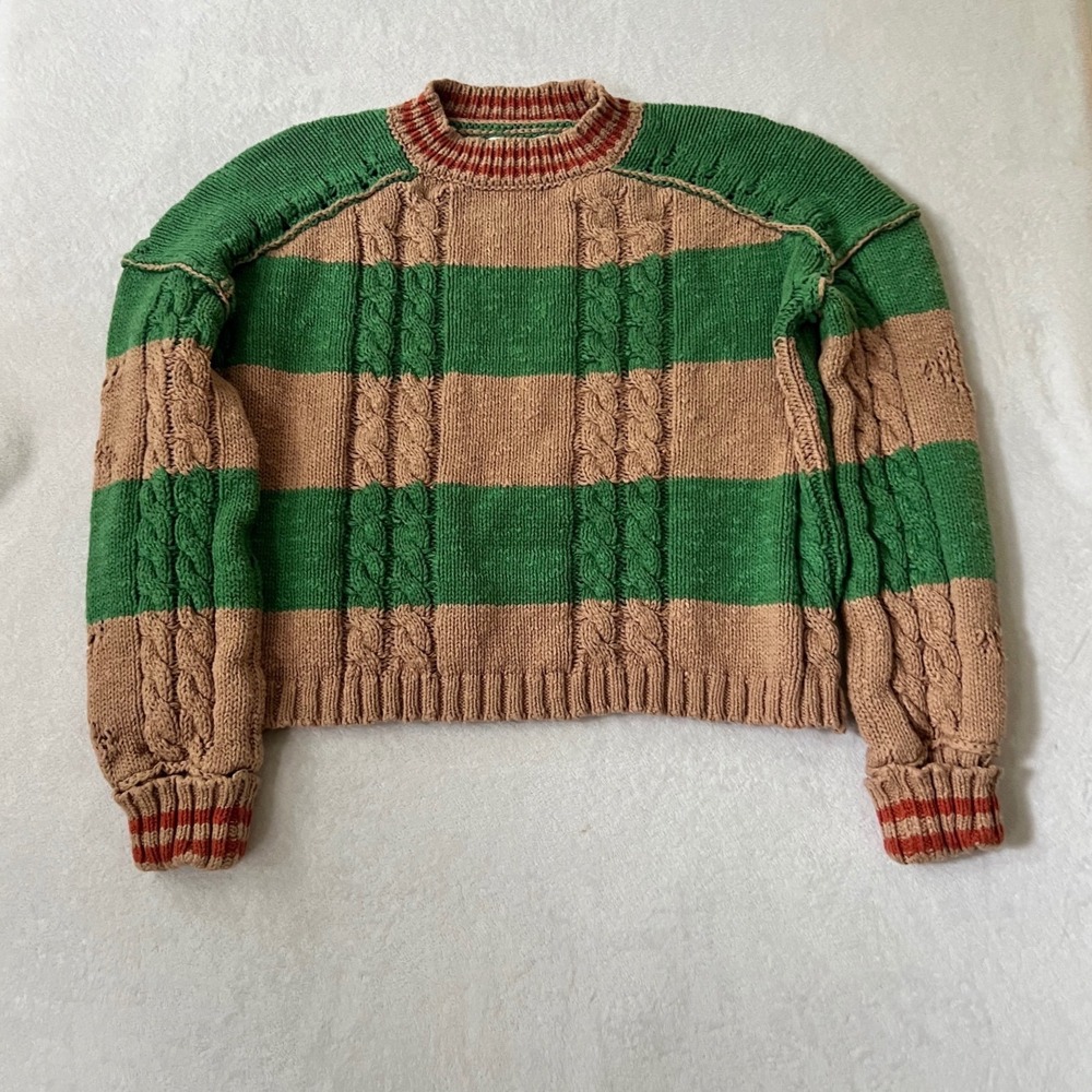 Altar'd State Sweater Green Tan Striped Cable Knit Cotton Blend XS